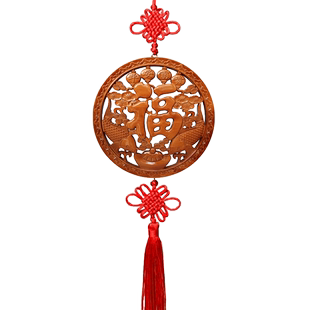 桃木福字中国结挂件富贵鱼五福临门麒麟挂件客厅小号木雕饰品