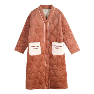 睡袍女士冬季加绒加厚款三层夹棉睡衣冬天家居服女保暖珊瑚绒长款