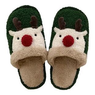 冬季时尚情侣居家可爱圣诞麋鹿棉拖鞋女生室内用防滑保暖毛绒鞋男