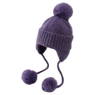 韩版新款混色毛球针织帽女护耳毛线帽子秋冬季保暖防寒百搭包头帽