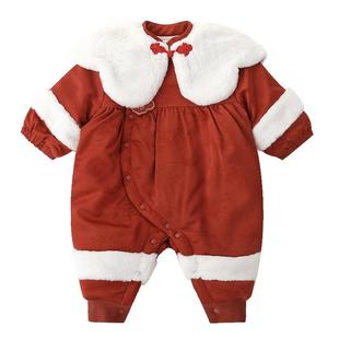 周岁女宝宝礼服男宝夹棉连体衣冬季加厚保暖红色中国风婴儿拜年服