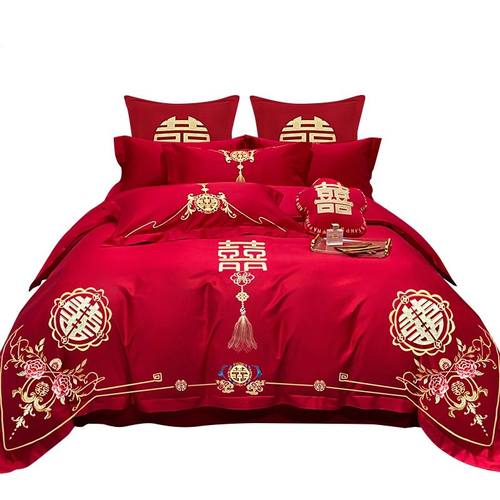 婚庆四件套婚嫁新婚床品刺绣被套红色龙凤婚房婚床喜庆中式套件