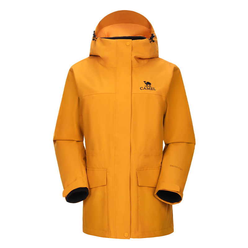 骆驼向日葵黄色冲锋衣女三合一收腰防水风衣外套旅游亮色登山服装