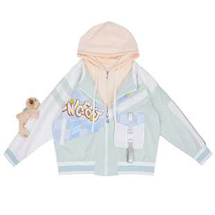 春装少女不对称连帽卫衣拼接双门襟假两件绿色宽松运动棒球服外套