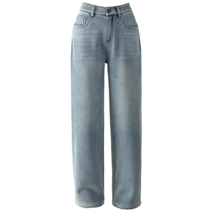 浅蓝色加绒阔腿牛仔裤女2025新款冬季裤子加厚女裤显瘦高腰直筒裤