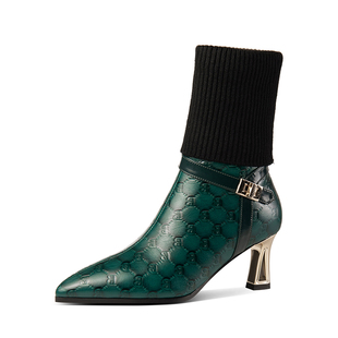 6厘米绿色真皮中筒靴高跟冬新款尖头毛线靴子高筒两穿短靴女粗跟