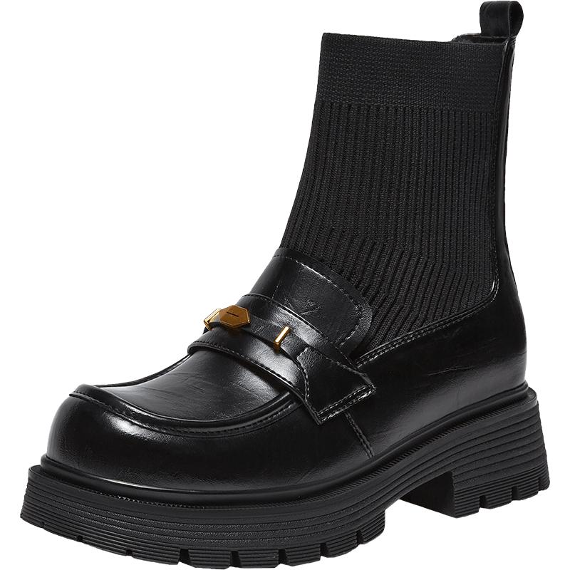 百思图2025冬新款英伦风乐福鞋袜靴弹力瘦瘦靴粗跟女短靴BP521DZ5