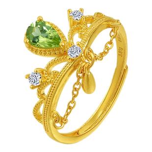 老庙黄金足金橄榄石戒指活口可调节闪耀精致皇冠贵气流光时尚气质