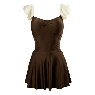 洛丽卡 微胖女孩保守泳衣女遮肉显瘦咖色纯欲泡温泉度假两件套