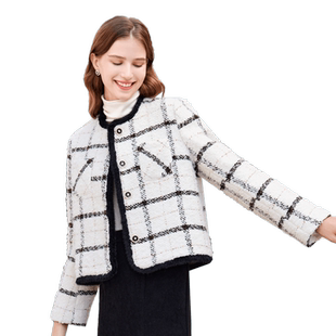 betu百图女装2025年冬季新款甜美蝴蝶结格子小香风短款外套上衣