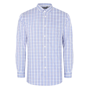 【免烫】乔治白春秋男士长袖衬衫方领修身微弹易打理蓝细格上衣