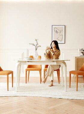 桐语特现代简约岩板餐桌可伸缩折叠小户型意式奶油风白色可变圆桌