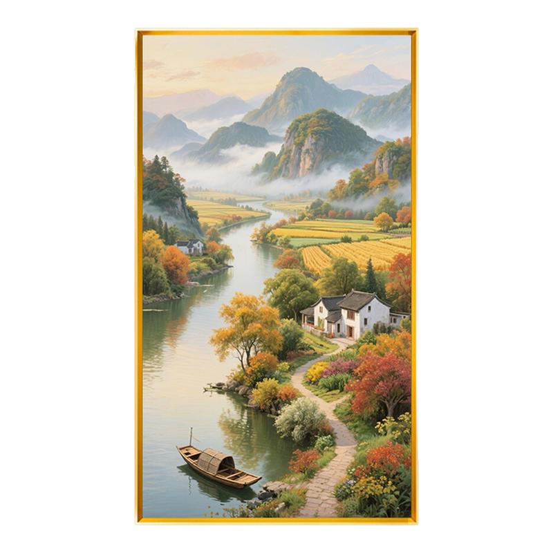 秋色风景满绣山水十字绣手工线绣竖版玄关精准印花轻奢风景全绣