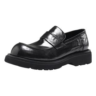 高档厚底大头乐福鞋男士胎牛皮手抓纹潮流休闲一脚蹬皮鞋增高夏季