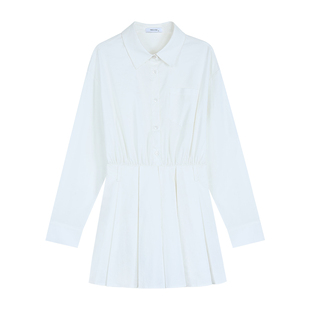 NEVA HU白色长袖连衣裙女miu系减龄收腰衬衫裙设计感短裙百褶裙