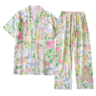 纯棉绸新款睡衣女短袖长裤夏季薄款凉爽甜美开衫休闲家居绵绸套装