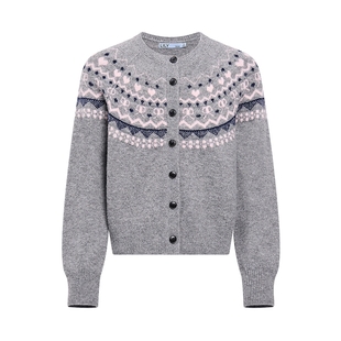 LILY2025冬新款学院风格雷系费尔岛提花含羊毛圆领针织开衫外套女