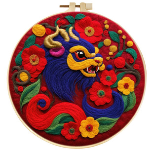 喜庆羊毛毡戳戳乐刺绣画手缝手工乐蝴蝶猫头鹰兔龙花柿动物图案画