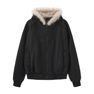 COCKTAIL大毛领PU皮外套连帽加厚棉服男女秋冬美式棉衣cleanfit