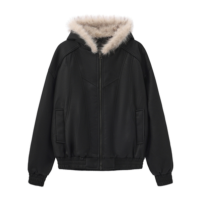 COCKTAIL大毛领PU皮外套连帽加厚棉服男女秋冬美式棉衣cleanfit