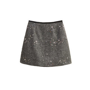 重工亮片半身裙女2025秋冬新款灰色高腰显瘦羊毛呢小香风a字短裙