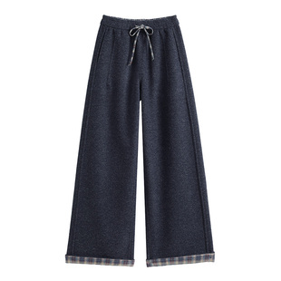 五只白鹅冬季加绒加厚可卷裤边窄版直筒裤羊毛蚕丝毛呢富婆阔腿裤