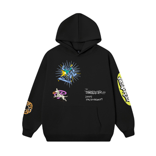 丛林老虎街头涂鸦贴纸风印花卫衣2026春季美式潮牌重磅连帽上衣男