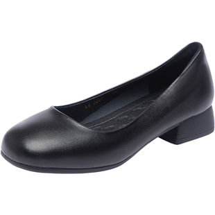 方头3cm黑色工作鞋女皮鞋久站不累低跟软底软底公考面试职业女鞋