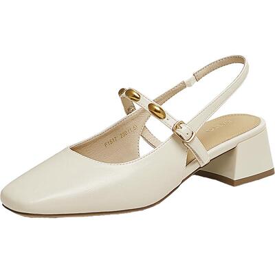 百思图夏季新款包头粗跟玛丽珍鞋一字带后空女凉鞋F1517BH5Z