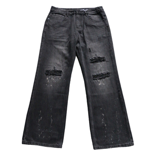 秋季美式休闲痞帅重磅复古破洞补丁黑色牛仔裤男直筒宽松阔腿裤子