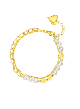 周六福珍珠手链女贝珠甜心手饰S925银黄金色复古少女圣诞礼物