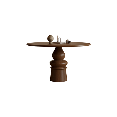 中古风实木餐桌圆桌家用小户型胡桃木色设计师创意法式复古圆餐桌