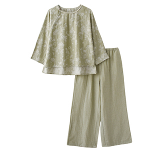 新中式国风梅花提花睡衣女款春夏季纯棉亚麻薄款九分袖家居服套装