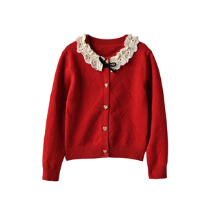 新年款 女童红色针织毛衣 花边长袖开衫 百搭上衣 中小童 秋冬款