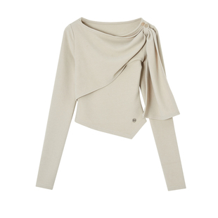 ACMEAURA设计感不对称荡领长袖T恤女收腰显瘦褶皱灰绿色上衣女