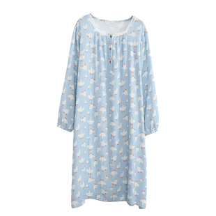 大码睡裙女纯棉长袖春秋季胖mm200斤胖妹妹妈妈孕妇双层纱布睡衣