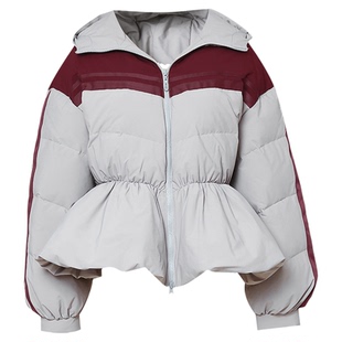 2025冬季新款时尚休闲连帽撞色灯笼袖收腰短款白鸭绒羽绒服外套女