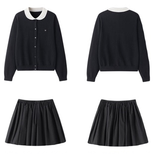 东京岁时记jk黑色单排扣毛衣开衫撞色娃娃领小个子针织衫女秋外套