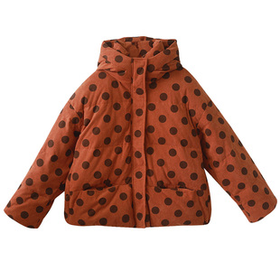 现货【霞光万道】复古波点小款羽绒服女士连帽减龄灯芯绒冬季外套