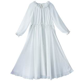 【玉凤谣】雪纺连衣裙女2025年夏季木耳边圆领长袖设计感白色裙子