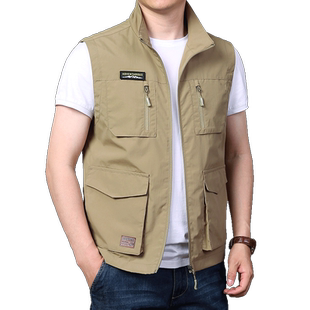 马甲男秋季薄款户外摄影运动速干宽松背心多口袋工装立领男外套潮