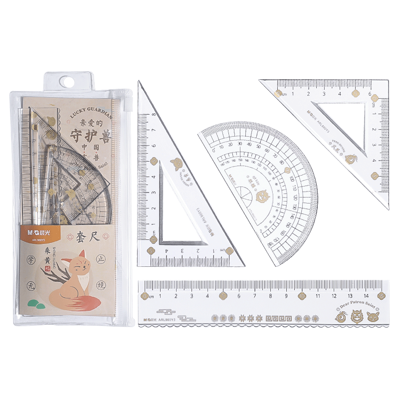 晨光米菲套尺尺子小学生专用四件套一年级直尺三角尺量角器圆规套装儿童测量绘图透明15cm金属不锈钢尺文具