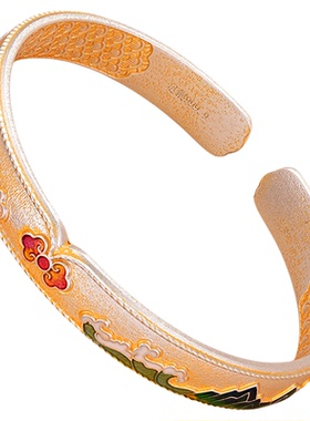 银千造 千山万水 如意描金开口实心银手镯2025新款国风银手镯山海