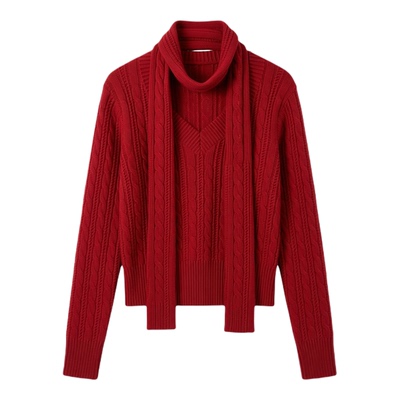 复古红色系针织衫2025秋冬辣妹V领麻花修身毛衣配可拆围巾上衣