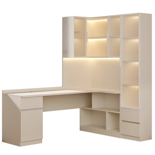 奶油风l型转角书桌书柜一体组合拐角书桌电脑桌学生家用定制5FL46