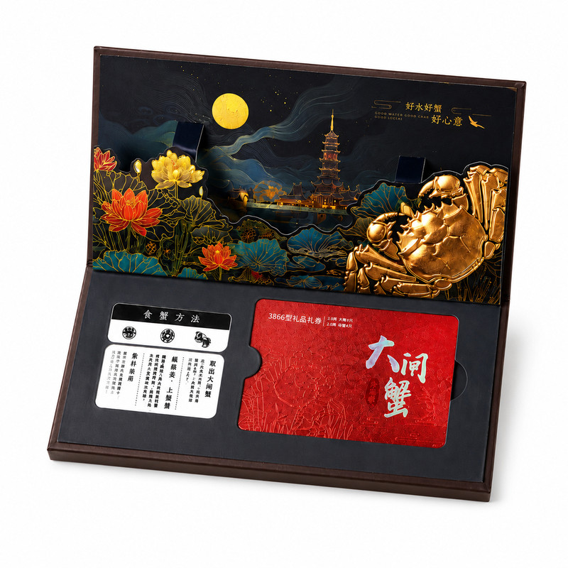 现货大闸蟹卡套礼品卡提货卡系统抽拉立体三折叠高端卡套海鲜卡