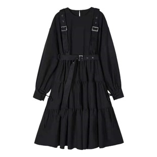 春夏季连衣裙学生设计感暗黑系复古宽松日系a字小黑裙中长裙子女