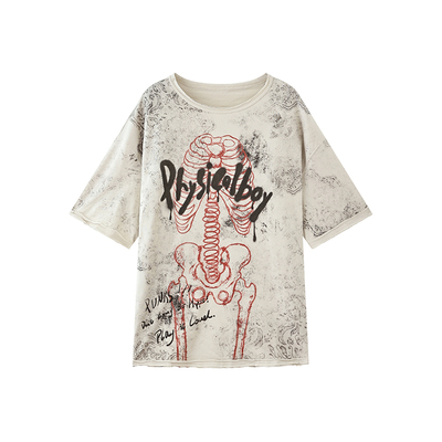 物理少年骨架蕾丝印花短袖T恤