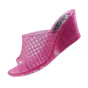 拖鞋女夏季浴室防滑防臭水晶坡跟拖鞋外穿时尚塑胶防水凉拖34小码