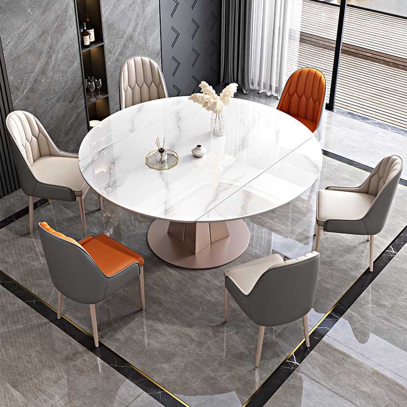 现代简约岩板亮光轻奢家用小户型餐桌椅组合可伸缩圆形岩板餐桌